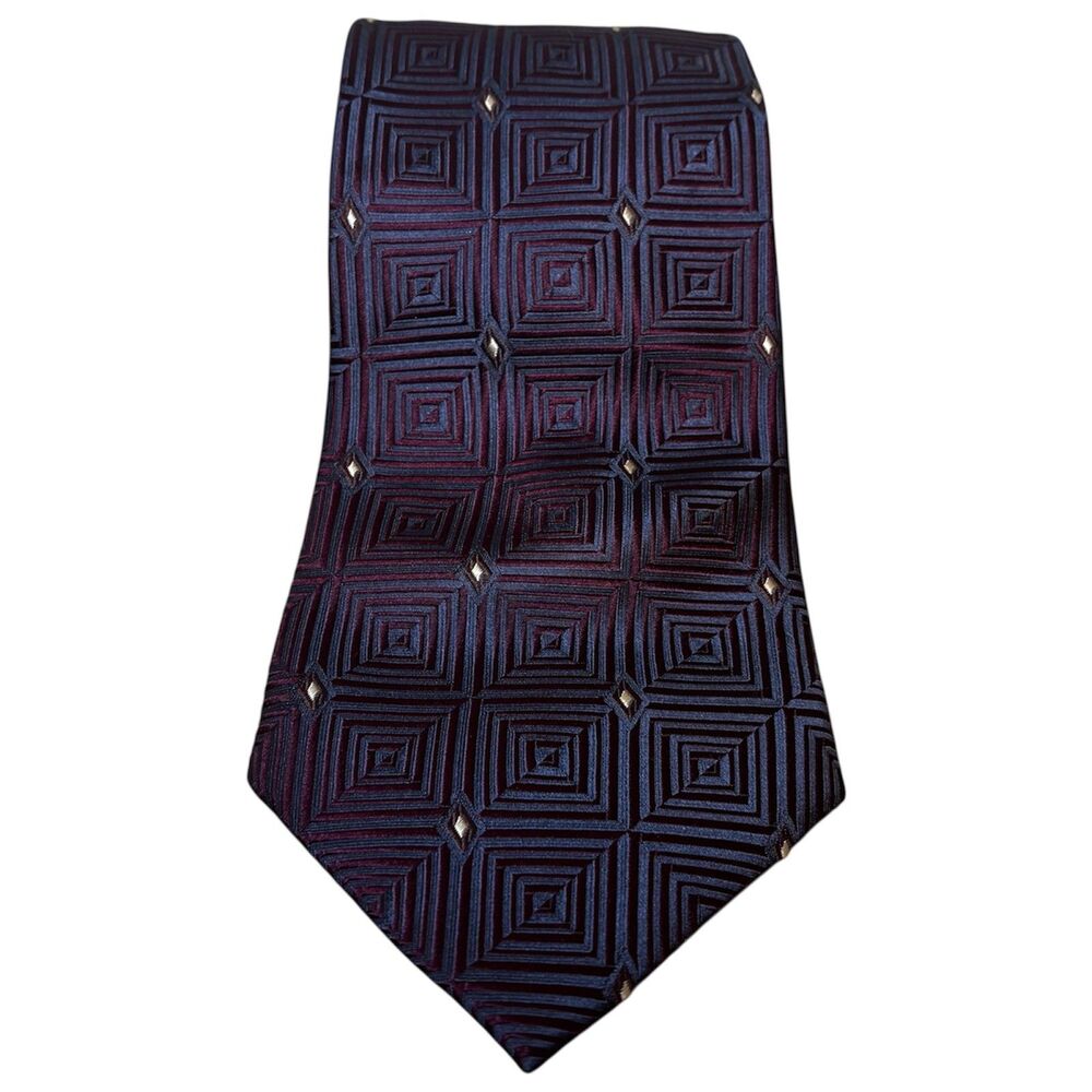 Joseph & Feiss Silk Tie Blue Burgundy Geometric Square Pattern Business Formal